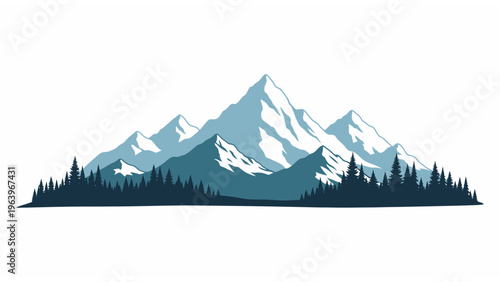 Snowy mountain range with pine trees