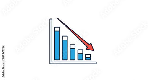 Business chart showing a downward trend with blue bars and a red arrow representing financial losses, decreasing metrics, or economic crisis.