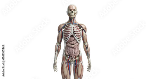 Detailed anatomical illustration of the human body, showcasing the skeletal structure, musculature, and internal organs with remarkable clarity and scientific accuracy