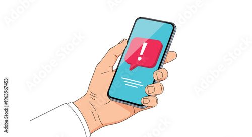 Detailed illustration of a hand holding a smartphone displaying a red notification bubble with an exclamation mark on the blue glowing screen.