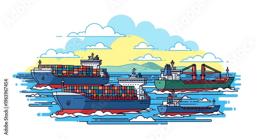 Vibrant Illustration of Cargo Ships Navigating the Ocean Under a Sunny Sky.