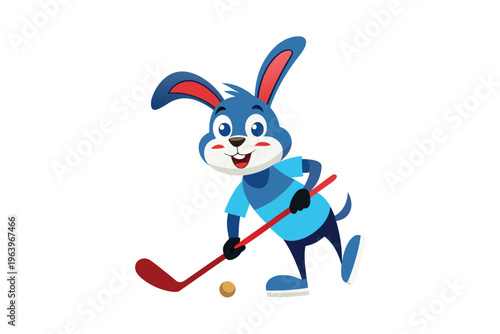 Cute rabbit playing ice hockey with stick and puck cartoon vector.