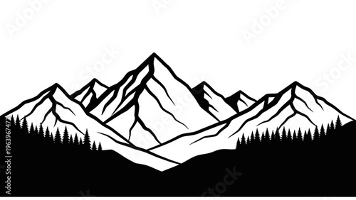 black and white mountain range landscape with trees
