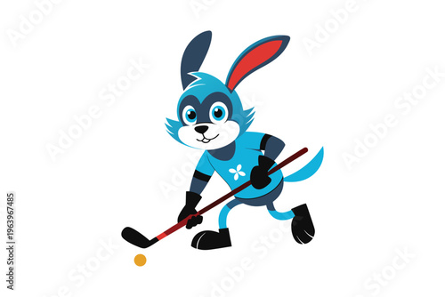 Cute rabbit playing ice hockey with stick and puck cartoon vector.