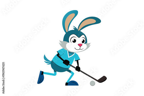 Cute rabbit playing ice hockey with stick and puck cartoon vector.