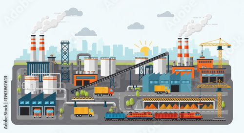 Industrial Complex with Chimneys and Transportation Infrastructure Illustration.
