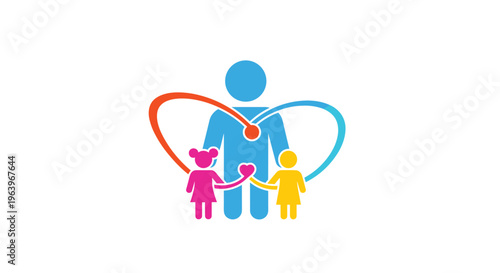Colorful logo featuring abstract figures of an adult and two children linked by heart-shaped lines for family care and social support themes.