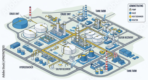 Detailed Isometric View of a Large Industrial Complex.