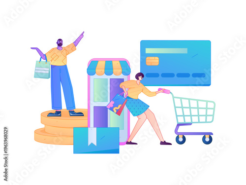 Holiday shopping people doing e-commerce online shopping flat vector concept operation hand drawn illustration
