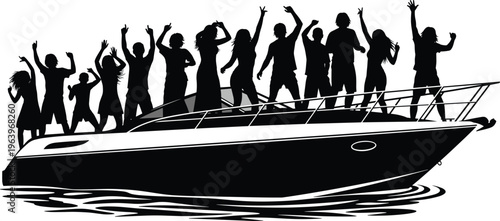 Party people dancing on luxury yacht silhouette, summer vacation celebration, sea cruise nightlife concept, marine leisure activity isolated on white background