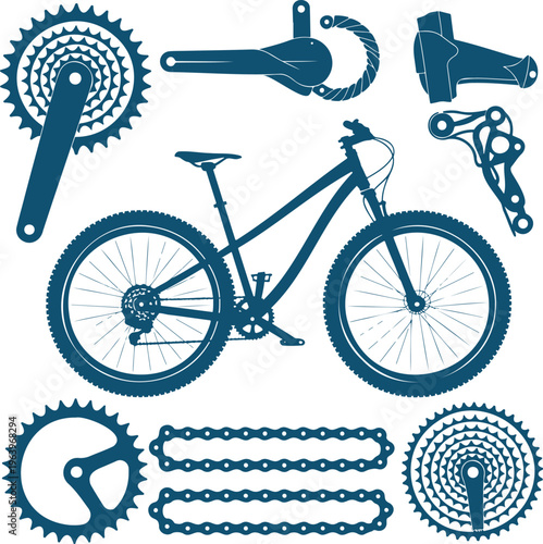 Detailed blue silhouettes of a mountain bike and various mechanical drivetrain components displayed