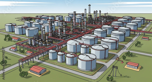Aerial View of a Large Industrial Complex with Storage Tanks.