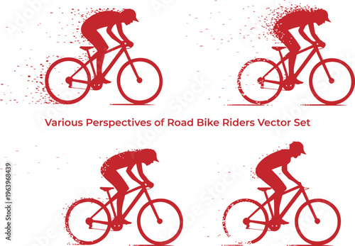 Four red silhouettes of road bike riders cycling with dynamic motion splatter effects