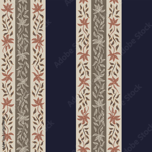 Floral Textile Design Pattern With Vertical Stripes Beige Brown And Navy Fashion And Decor Print Elegant Botanical Repeat For Fabric And Wallpaper