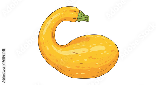 Whimsical illustration of a single yellow crookedneck squash, featuring its distinctively curved neck and speckled skin, ready for harvest, on a white background.