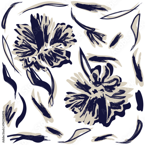 Floral Fashion Textile Pattern Navy Blue And Beige Brushstroke Flowers Design For Fabric Wallpaper And Decor