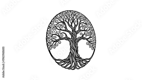 minimalist tree of life line art in circular frame vector illustration