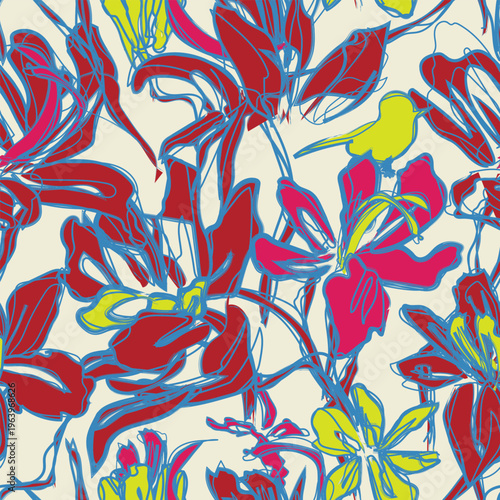 Floral Fashion Textile Pattern Red Blue Yellow Botanical Design Surface Print For Apparel Home Decor