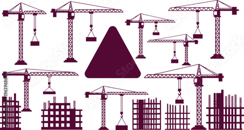 Construction industry seamless pattern featuring various tower cranes and building elements on white.