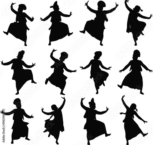 Collection of twelve traditional Indian folk dancers silhouettes performing cultural choreography poses
