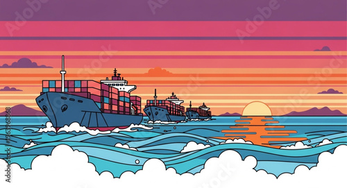 Cargo Ships Sailing on the Ocean at Sunset in Pixel Art Style.