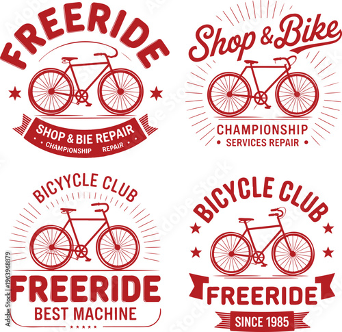 Four vintage style red and white bicycle club and freeride themed logos on a simple white background