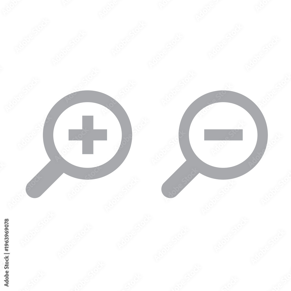 Obraz premium A pair of monochromatic gray icons illustrates the common user interface controls for zooming functionality using stylized magnifying lenses.