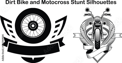 Two striking black and white vector emblems featuring motorcycle wheels and front views with banners