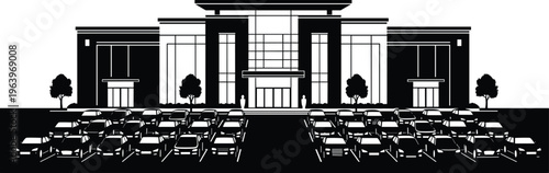 Shopping mall building with parking lot full of cars, retail center concept, urban commercial architecture illustration isolated on white background