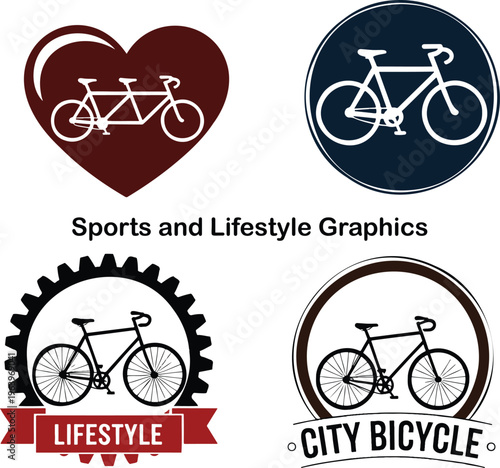 Collection of bicycle themed graphics featuring single and tandem bikes in heart, circle, and gear shapes