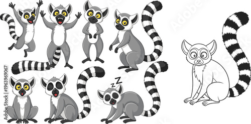 Cute Lemur Cartoon Character Set with Different Poses and Expressions, Funny Ring Tailed Animal Collection for Kids Illustration, Mascot Design and Vector Artwork