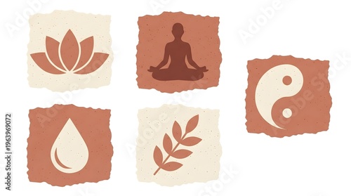 Wallpaper Mural Set of wellness and yoga icons on torn paper scraps, zen spiritual symbols with lotus meditation pose yin yang and leaves in earthy tones isolated on white background
 Torontodigital.ca