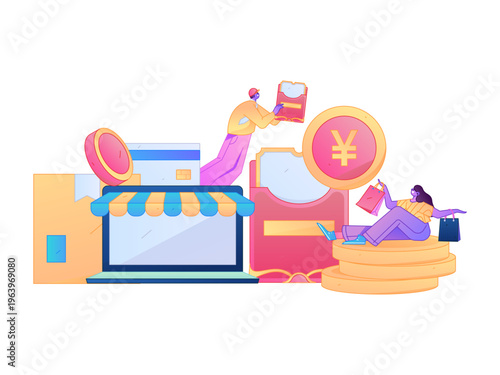 Holiday shopping people doing e-commerce online shopping flat vector concept operation hand drawn illustration
