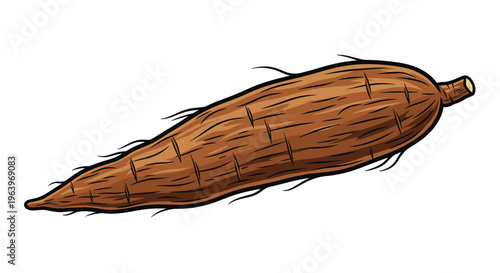 Detailed illustration of a single whole cassava root, also known as yuca, with its characteristic long, tapered shape and rough, textured brown skin, on a white background.