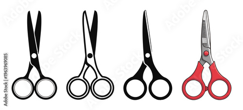 Hairdressing and tailoring scissor icons collection in black and white styles plus red handle detail art.