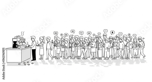 A large group of people waiting in line for coffee.