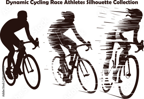 Dynamic collection of three cycling race athlete silhouettes showing speed and movement