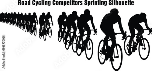 Numerous professional road cycling competitors sprint vigorously in a long line during an intense race