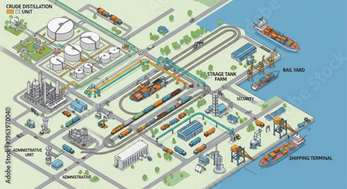Detailed Isometric Illustration of a Large Industrial Complex and Port.