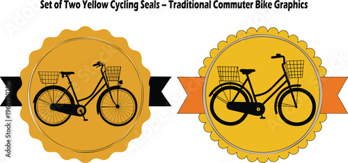 A pair of yellow circular badges featuring black silhouettes of classic commuter bicycles with baskets