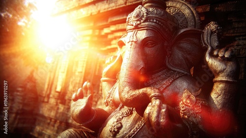 Sunrise illuminates majestic ganesh statue close-up photography of temple grounds' spiritual art