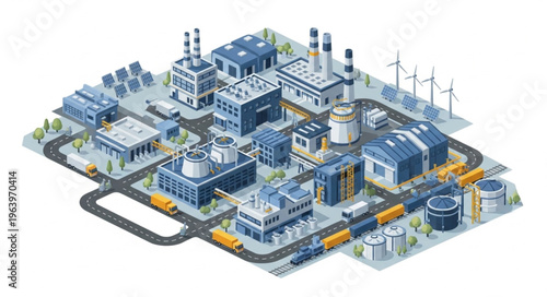Isometric Industrial Complex - A Detailed View of Modern Manufacturing and Energy Production.