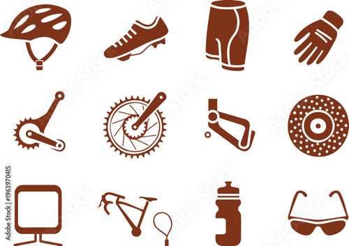 A grid display of brown cycling gear and equipment icons on a plain white background