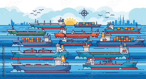 Vibrant Container Ships Illustration - A Fleet on the Open Sea.