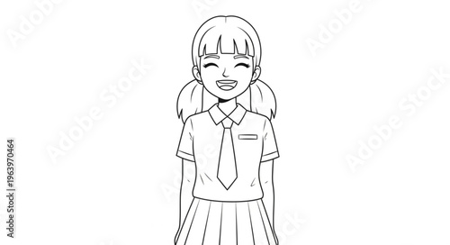 A happy young girl in a school uniform with pigtails.