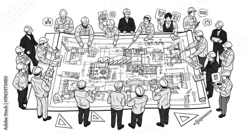 A group of people gathered around a table with blueprints and tools.