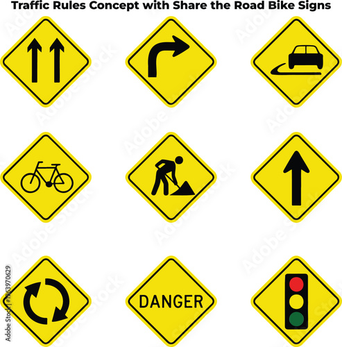 A collection of yellow diamond shaped road signs illustrating various traffic rules and warnings including bicycle symbols