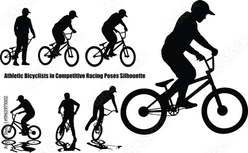 Group of athletic BMX cyclists in dynamic racing poses captured as striking black silhouettes on a white background