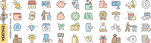 Collection of flat icons for online shopping, e-commerce, and digital payment, featuring shopping carts, credit cards, coins, and gift boxes, suitable for web design and app development