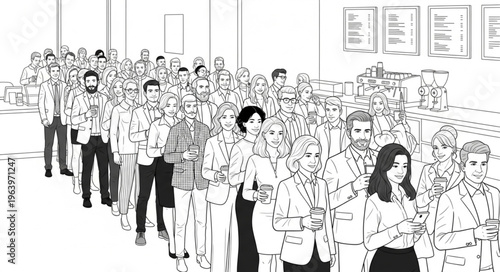 A large group of people standing in a line, diverse individuals waiting patiently.